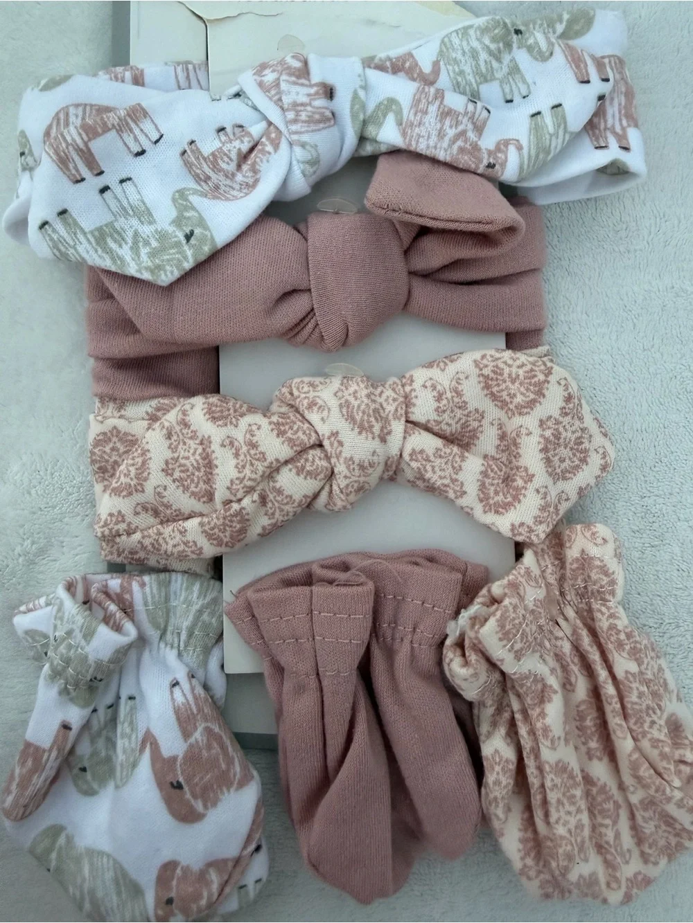 Marshalls Rose, Cream & Taupe Baby Headband and Mittens Set